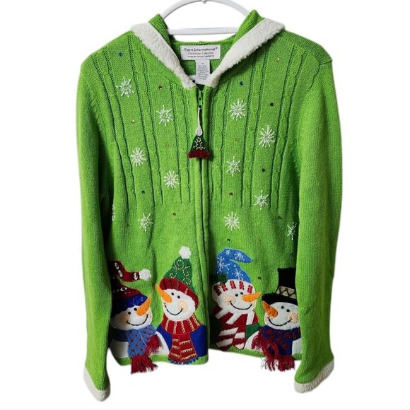Tiara International Vintage Green Snowman Zip Up Ugly Christmas Sweater Sz. M - Picture 1 of 6